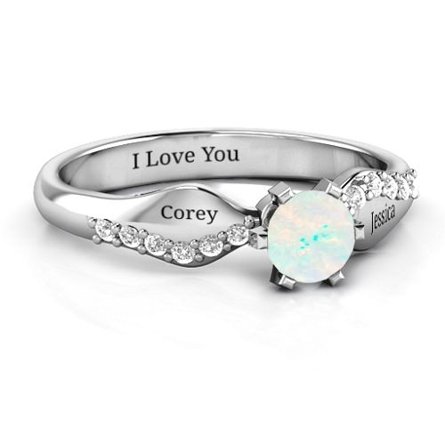 Dimpled Solitaire with Accents Ring – Sterling Silver with Opal and White Premium Zirconia