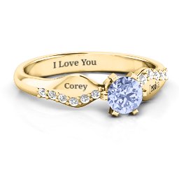 Dimpled Solitaire with Accents Ring in 10K Solid Yellow Gold with Lavender Premium Zirconia and White Premium Zirconia