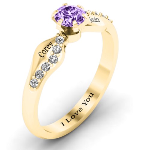 Dimpled Solitaire with Accents Ring – 10K Yellow Gold with Amethyst and White Premium Zirconia