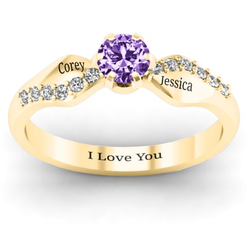 Dimpled Solitaire with Accents Ring – 10K Yellow Gold with Amethyst and White Premium Zirconia
