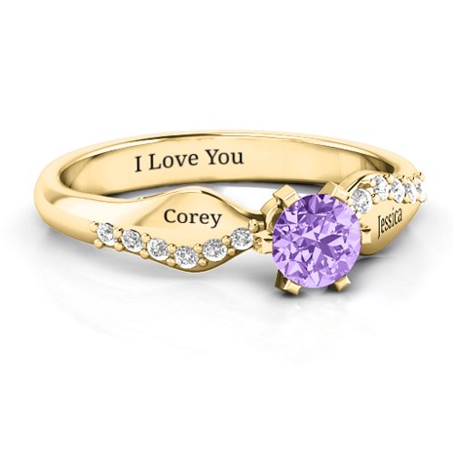 Dimpled Solitaire with Accents Ring – 10K Yellow Gold with Amethyst and White Premium Zirconia