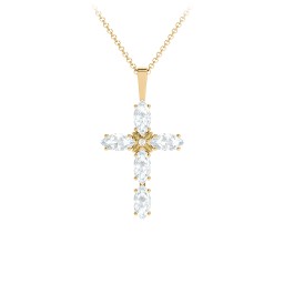 Marquise Cross Pendant in 18K Gold Plated Silver with Aquamarine and Cubic Zirconia