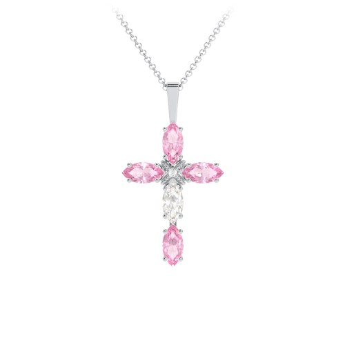Marquise Cross Pendant – Sterling Silver with Pink Tourmaline and Cubic Zirconia