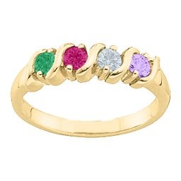 2-6 Gemstones S-Curve Ring in 10K Solid Yellow Gold with Emerald, Ruby, Cubic Zirconia, and Amethyst