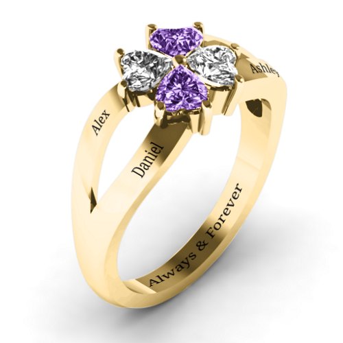 Engravable Clover Heart Cut Gemstone Ring with Split Shank – 10K Yellow Gold with Cubic Zirconia and Amethyst