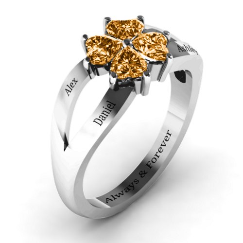 Engravable Clover Heart Cut Gemstone Ring with Split Shank
