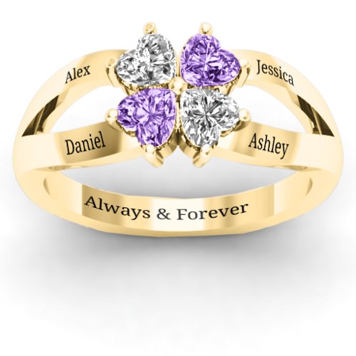 Engravable Clover Heart Cut Gemstone Ring with Split Shank – 10K Yellow Gold with Cubic Zirconia and Amethyst