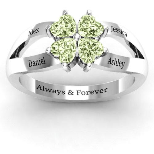 Engravable Clover Heart Cut Gemstone Ring with Split Shank