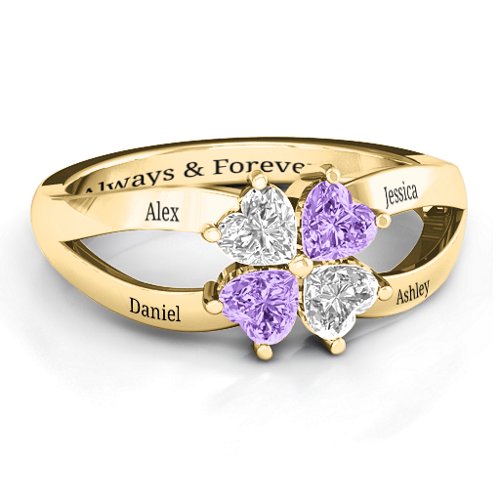 Engravable Clover Heart Cut Gemstone Ring with Split Shank – 10K Yellow Gold with Cubic Zirconia and Amethyst
