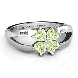 Engravable Clover Heart Cut Gemstone Ring with Split Shank in 925 Sterling Silver with Peridot