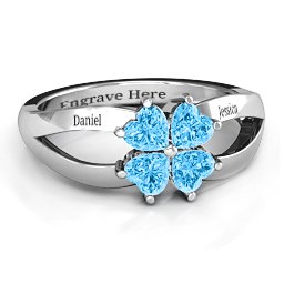 Engravable Clover Heart Cut Gemstone Ring with Split Shank in 925 Sterling Silver with Blue Topaz