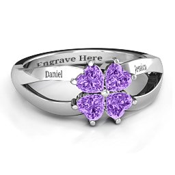 Engravable Clover Heart Cut Gemstone Ring with Split Shank in 925 Sterling Silver with Amethyst