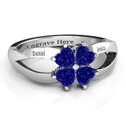 Engravable Clover Heart Cut Gemstone Ring with Split Shank in 925 Sterling Silver with Blue Sapphire