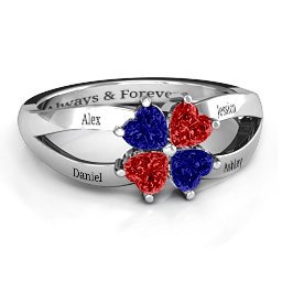 Engravable Clover Heart Cut Gemstone Ring with Split Shank in 925 Sterling Silver with Blue Sapphire and Garnet
