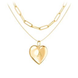 Engravable Heart Locket Necklace Layering Set with Paper Clip Chain in 18K Gold Plated Silver