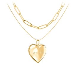 Engravable Heart Locket Necklace Layering Set with Paper Clip Chain