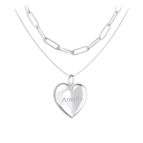Engravable Heart Locket Necklace Layering Set with Paper Clip Chain