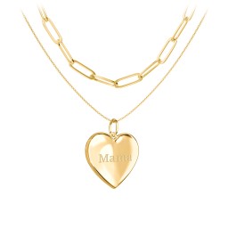 Engravable Heart Locket Necklace Layering Set with Paper Clip Chain in 18K Gold Plated Silver