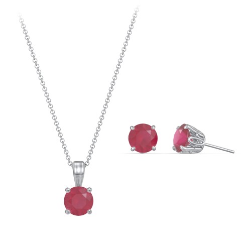 Solitaire Birthstone Necklace and Earrings Set – Sterling Silver with Ruby