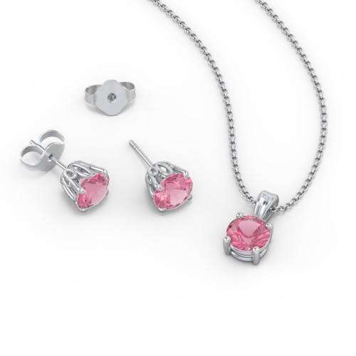 Solitaire Birthstone Necklace and Earrings Set – Sterling Silver with Pink Tourmaline