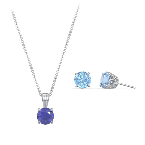 Solitaire Birthstone Necklace and Earrings Set – Sterling Silver with Blue Sapphire and Blue Topaz