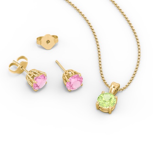 Solitaire Birthstone Necklace and Earrings Set – 10K Yellow Gold with Peridot and Pink Tourmaline