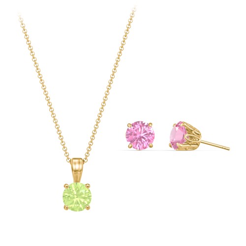 Solitaire Birthstone Necklace and Earrings Set – 10K Yellow Gold with Peridot and Pink Tourmaline