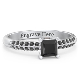 1/2 ct. Princess Gemstone Peek-A-Boo Engagement Ring with Double Row Accents in 925 Sterling Silver with Black Premium Zirconia and Smokey Quartz