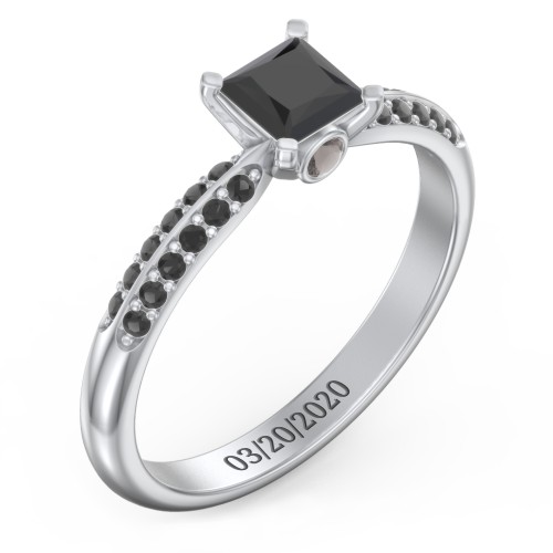 1/2 ct. Princess Gemstone Peek-A-Boo Engagement Ring with Double Row Accents – Sterling Silver with Black Premium Zirconia and Smokey Quartz