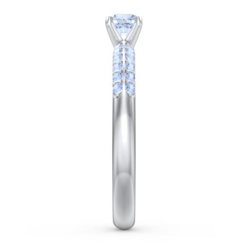 1/4 ct. Round Gemstone Engagement Ring with Double Row Accents – Sterling Silver with Aquamarine and Fancy Blue Premium Zirconia