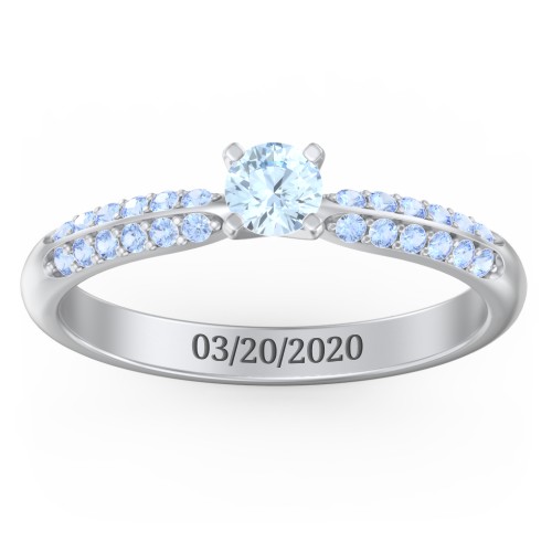 1/4 ct. Round Gemstone Engagement Ring with Double Row Accents – Sterling Silver with Aquamarine and Fancy Blue Premium Zirconia