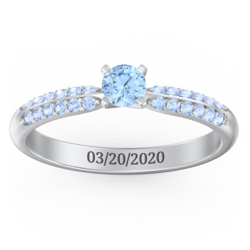 1/4 ct. Round Gemstone Engagement Ring with Double Row Accents – Sterling Silver with Blue Topaz and Fancy Blue Premium Zirconia