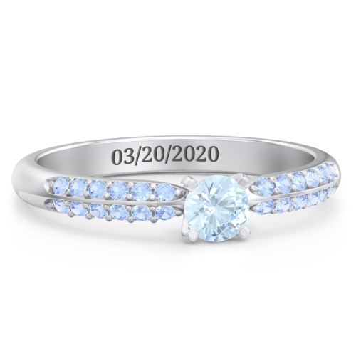 1/4 ct. Round Gemstone Engagement Ring with Double Row Accents – Sterling Silver with Aquamarine and Fancy Blue Premium Zirconia