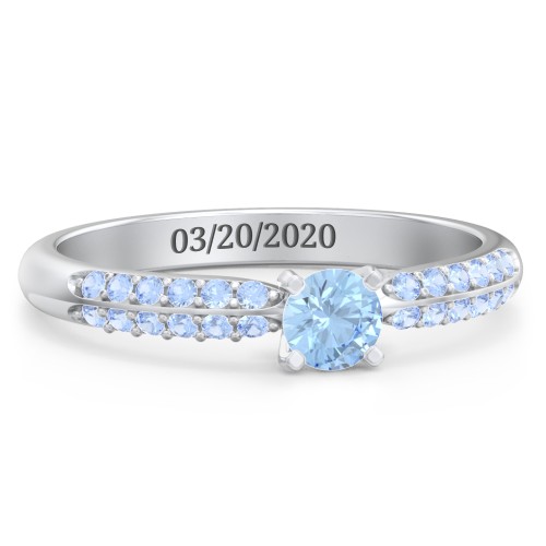 1/4 ct. Round Gemstone Engagement Ring with Double Row Accents – Sterling Silver with Blue Topaz and Fancy Blue Premium Zirconia
