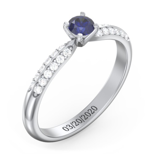1/4 ct. Round Gemstone Engagement Ring with Double Row Accents – 10K White Gold with Blue Sapphire and White Premium Zirconia