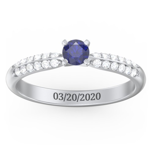 1/4 ct. Round Gemstone Engagement Ring with Double Row Accents – 10K White Gold with Blue Sapphire and White Premium Zirconia