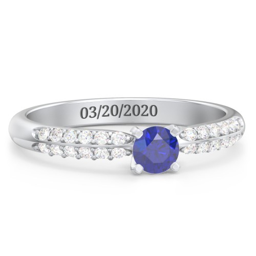 1/4 ct. Round Gemstone Engagement Ring with Double Row Accents – 10K White Gold with Blue Sapphire and White Premium Zirconia