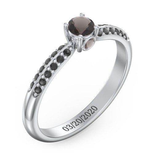 1/4 ct. Round Gemstone Peek-A-Boo Engagement Ring with Double Row Accents – Sterling Silver with Smokey Quartz and Black Premium Zirconia