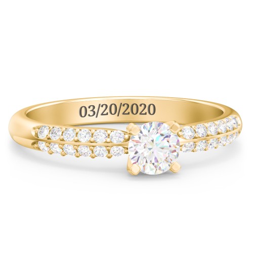 1/3 ct. Round Gemstone Engagement Ring with Double Row Accents – 10K Yellow Gold with White Premium Zirconia
