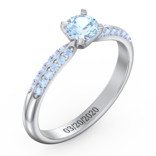 1/2 ct. Round Gemstone Engagement Ring with Double Row Accents – Sterling Silver with Aquamarine and Fancy Blue Premium Zirconia