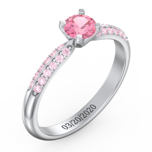 1/2 ct. Round Gemstone Engagement Ring with Double Row Accents – Sterling Silver with Pink Tourmaline and Fancy Pink Premium Zirconia