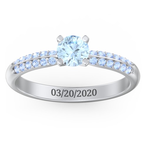 1/2 ct. Round Gemstone Engagement Ring with Double Row Accents – Sterling Silver with Aquamarine and Fancy Blue Premium Zirconia
