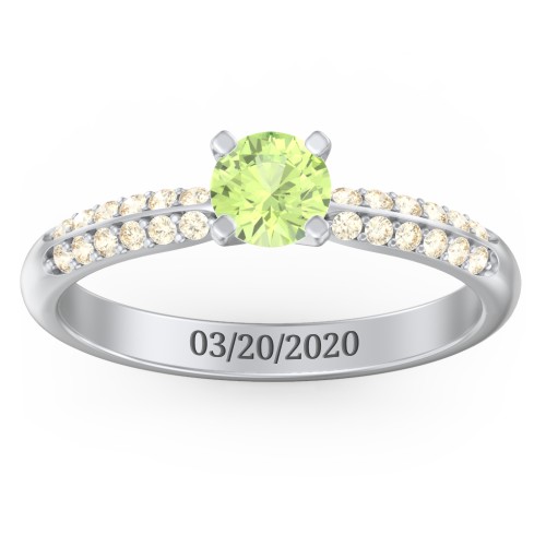 1/2 ct. Round Gemstone Engagement Ring with Double Row Accents – Sterling Silver with Peridot and Fancy Yellow Premium Zirconia