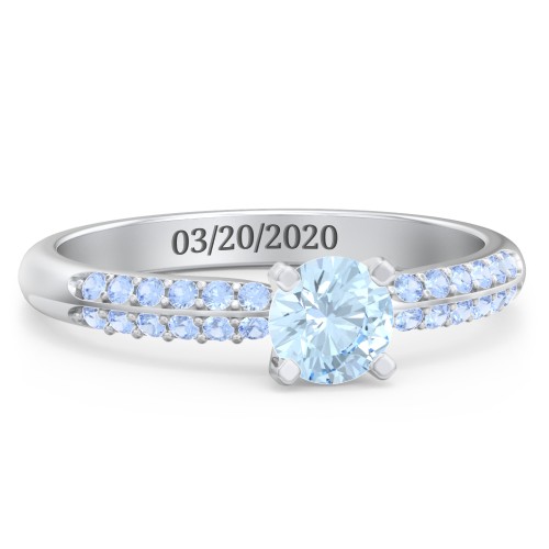 1/2 ct. Round Gemstone Engagement Ring with Double Row Accents – Sterling Silver with Aquamarine and Fancy Blue Premium Zirconia