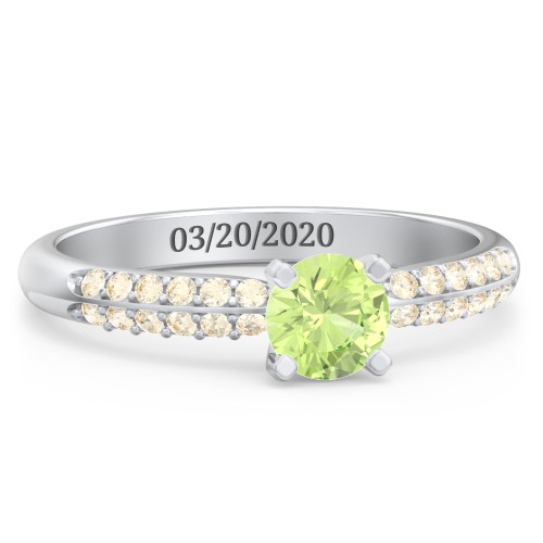 1/2 ct. Round Gemstone Engagement Ring with Double Row Accents – Sterling Silver with Peridot and Fancy Yellow Premium Zirconia