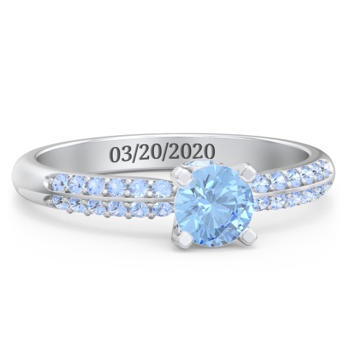 1/2 ct. Round Gemstone Peek-A-Boo Engagement Ring with Double Row Accents – Sterling Silver with Blue Topaz and Fancy Blue Premium Zirconia