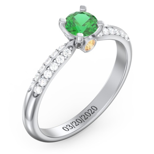 1/2 ct. Round Gemstone Peek-A-Boo Engagement Ring with Double Row Accents – 10K White Gold with Emerald, White Premium Zirconia, and Citrine