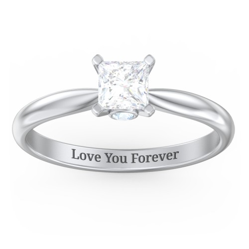 1/2 ct. Princess Gemstone Peek-A-Boo Engagement Ring with Tapered Band – Sterling Silver with White Premium Zirconia and Aquamarine