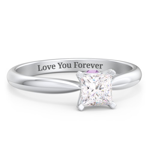 1/2 ct. Princess Gemstone Peek-A-Boo Engagement Ring with Tapered Band – Sterling Silver with White Premium Zirconia and Amethyst
