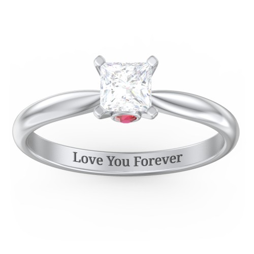 1/2 ct. Princess Gemstone Peek-A-Boo Engagement Ring with Tapered Band – 10K White Gold with White Premium Zirconia and Garnet